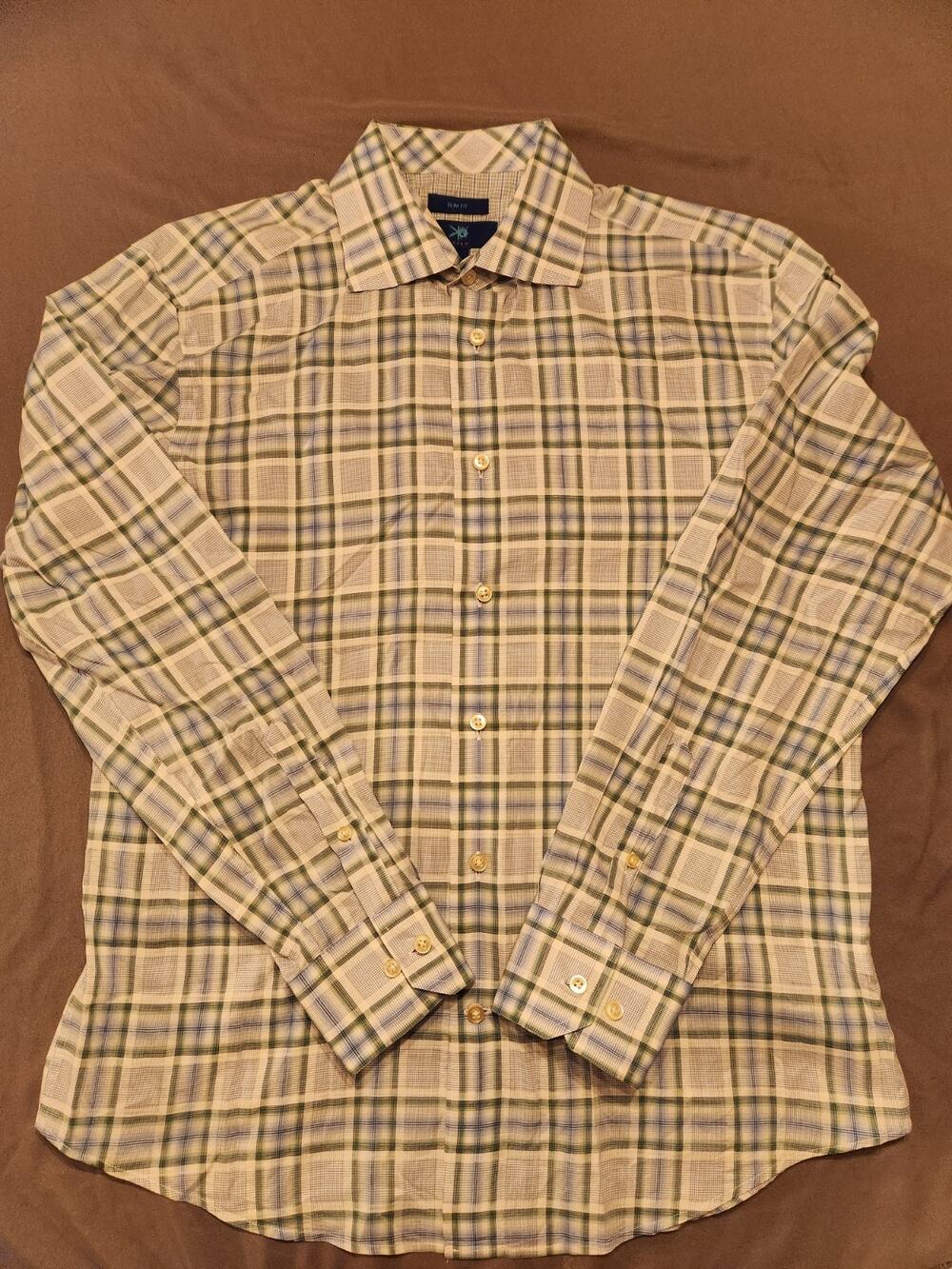 Egara Mens L Green Blue White Plaid Cotton Slim Fit Long Sleeve Point Collar